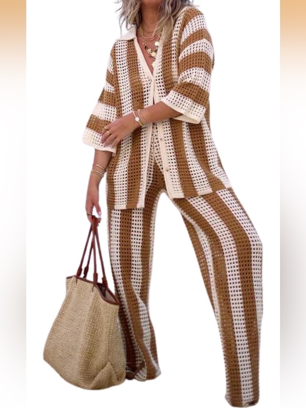 Striped Crochet Knit Two-Piece Pants Set - Cream & Brown